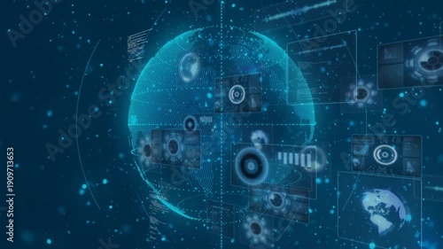 Power pulse starting globe boot, cyan dotted globe rotating while HUD panels streaming showing data