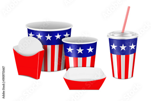 Takeout food paper packaging with USA flag white, blue, red color print design. American patriotic party stars and stripes style takeaway container set. Realistic easy editable vector