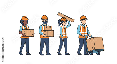 Four diverse construction and warehouse workers wearing hard hats and safety vests, carrying boxes and pushing a trolley with goods.