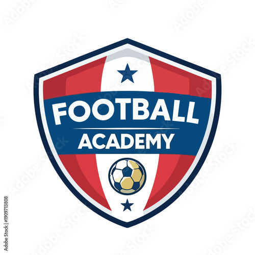 Football academy logo design with shield badge, soccer ball and red blue sports crest emblem