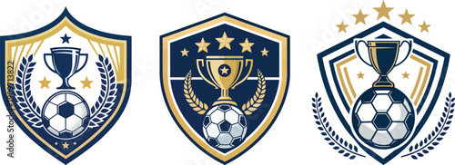Premium soccer shield emblem collection with gold cup, stars and winner badge vector illustration