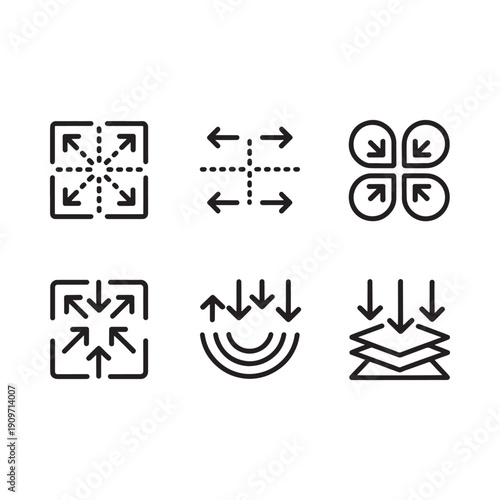 Collection of black linear icons depicting various expansion and compression symbols