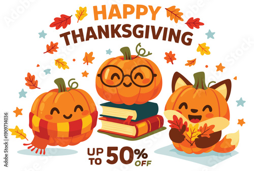 Cute characters celebrate thanksgiving with a special discount offer up to fifty percent off