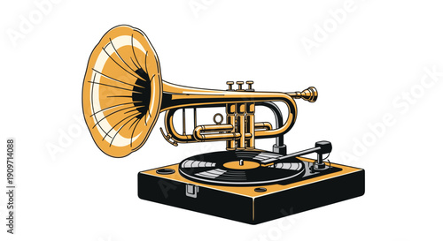 A unique art piece depicts a golden trumpet combined with a record player, featuring a turntable and a large horn, on a white background.