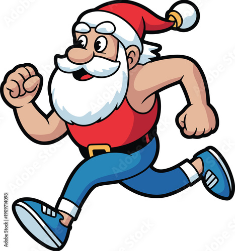 Funny Santa Claus running cartoon character, sporty Christmas mascot illustration isolated on white background for holiday design