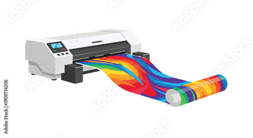 A wide format printer is actively printing and unrolling a long sheet with a vibrant colorful abstract design.