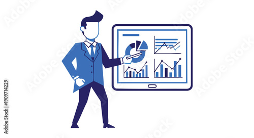 Corporate Strategist Presenting Data-Driven Analysis for Key Performance Indicator (KPI) Success on a Tablet Screen