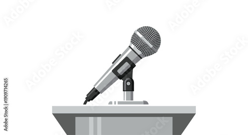 A professional silver microphone stands on a gray podium, ready for a speaker at an event.