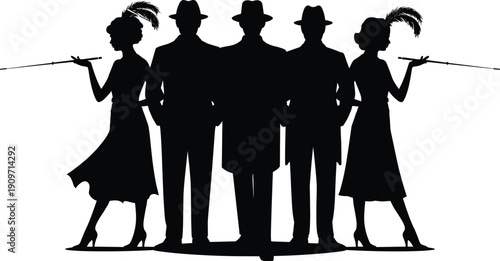 Vintage gangster silhouette group, retro mafia men in hats with elegant women holding cigarette holders, classic noir style isolated on white background
