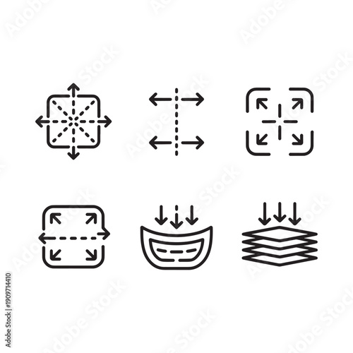Set of six black linear icons representing expansion compression and layers
