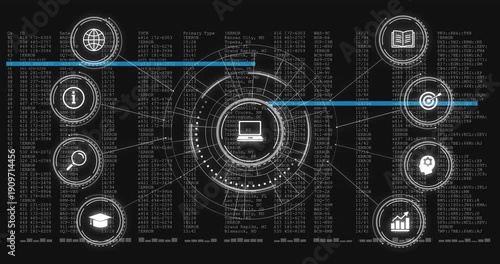 Blue scan line starting sequence central HUD rotating rings and lighting icons showing data flow