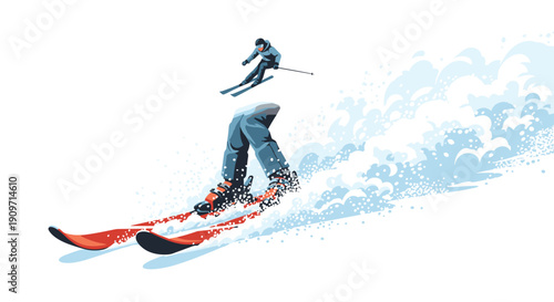 A dynamic illustration captures two parts of a skier gracefully descending a snow-covered slope, kicking up a spray of white powder.