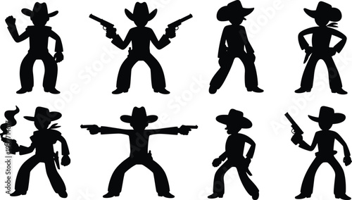 Wild west cowboy silhouette set with guns and hats, western outlaw characters collection isolated vector illustration