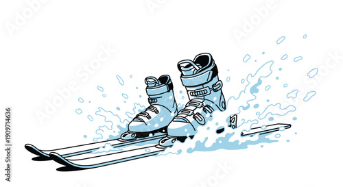 Pair of modern ski boots firmly attached to skis, creating a dramatic spray of white snow as they halt on a bright slope.