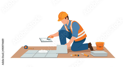 A construction worker in a hard hat and safety vest kneels on the floor, meticulously laying grey tiles with tools and adhesive.