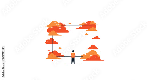 Person standing inside a square frame surrounded by puffy orange and red clouds on a plain white background.