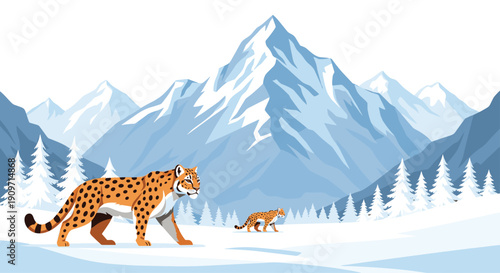 Two leopards walking through a snowy mountain landscape with towering peaks and evergreen trees under a bright sky.
