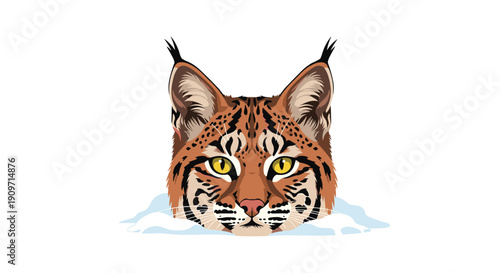 Close-up portrait of a bobcat's head with piercing yellow eyes emerging from white snow.