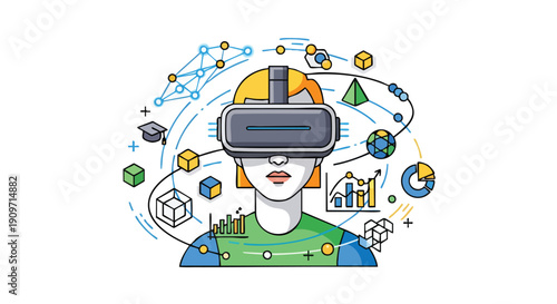 Metaverse Ecosystem Integration: Professional utilizing VR headset for immersive data analysis and corporate training