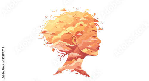 A woman's profile is composed of abstract clouds, birds, and hot air balloons, illustrating a dream-like state.