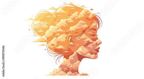 Profile silhouette of a woman's head filled with orange clouds, hot air balloons, and airplanes on a plain white background.