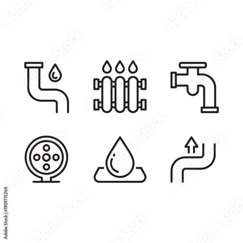 Collection of minimalist line art icons depicting water taps and droplets
