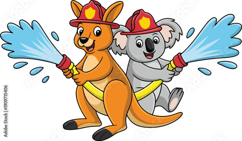 Cute cartoon kangaroo and koala firefighters spraying water hoses, animal rescue characters illustration isolated on white background
