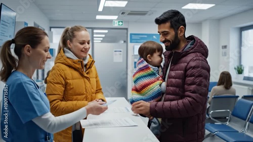Family reviewing documents with nurse at hospital reception desk