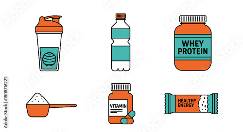 Collection of vibrant orange and teal-colored supplement icons including protein powder, vitamins, and healthy snacks displayed on a clean white background from a straightforward viewpoint