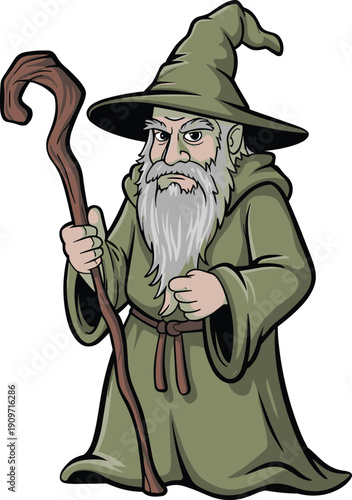 Wise old wizard with staff, fantasy magician sorcerer character cartoon illustration isolated on white background vector design