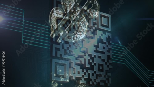 Ornament descending on chain striking teal QR code, fragments scattering, creating shimmering glow