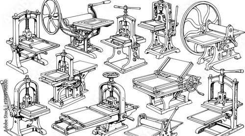Black and white ink wash drawing vintage printmaking presses set various angles detailed illustration
