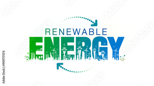 Futuristic green reneable energy science logo unit with eco clean envirnment and sustanable urban skyline development background.