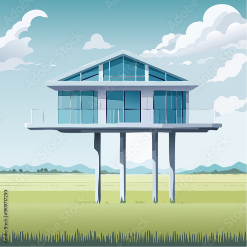 Modern Elevated House with Large Windows on Stilts in a Rural Landscape