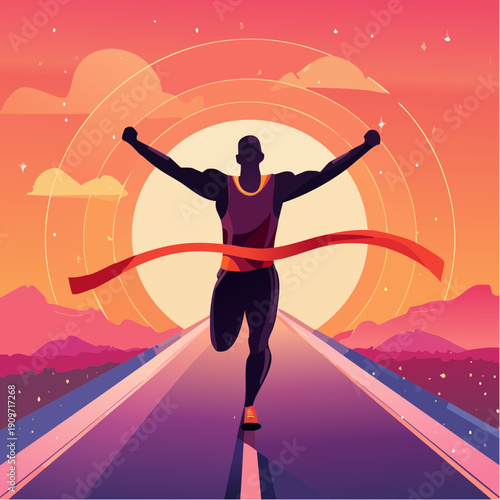 A triumphant runner crosses the finish line at sunset, symbolizing victory and success in athletic pursuit