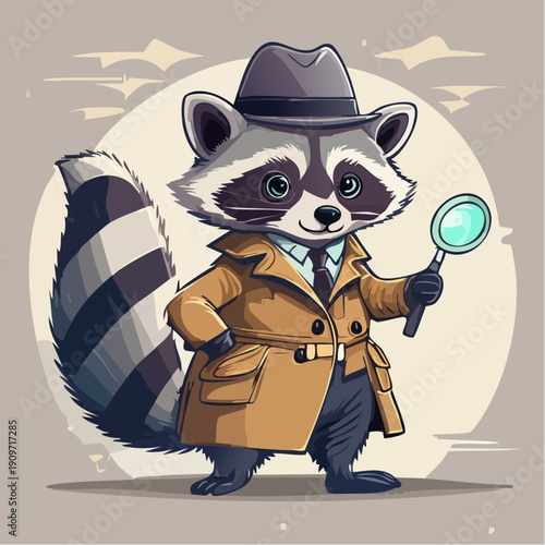 Detective raccoon in a trench coat holding a magnifying glass, cartoon illustration