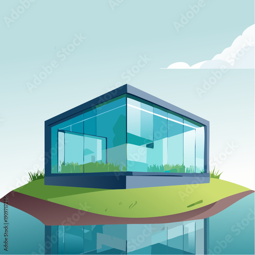 Modern Glass House on a Small Island Surrounded by Water