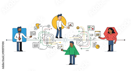 Digital Transformation: Diverse Professionals Managing Complex Data Flow and Business Architecture Integration