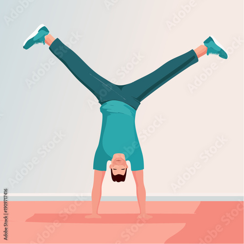 Man performing a cartwheel on a flat surface with a light background