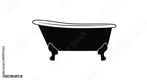 Black silhouette of a clawfoot bathtub with white trim, minimalist flat vector design
