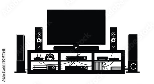 Black silhouette of home entertainment system with TV and speakers on a white background