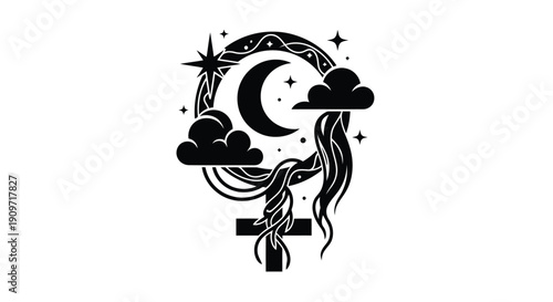 Minimalist black female symbol logo with crescent moon, clouds, and stars in flat vector style