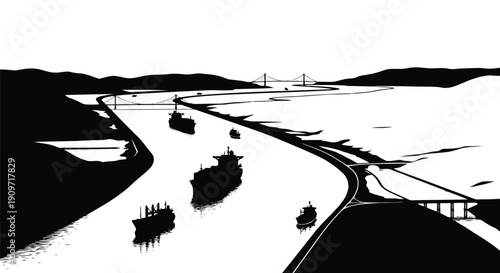 Silhouette of ships sailing on a river with a bridge and road alongside, black against a light background in a flat illustration style.
