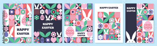 Easter bunny, egg and flower background. Collection of geometric greeting cards with cartoon elements. Vector illustration