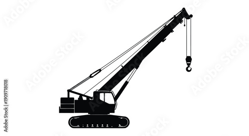 Black silhouette of a crawler crane with hook on white background, industrial construction equipment