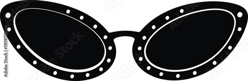 Retro oval sunglasses silhouette with studded frame isolated on white background, vintage fashion eyewear illustration for summer style branding projects