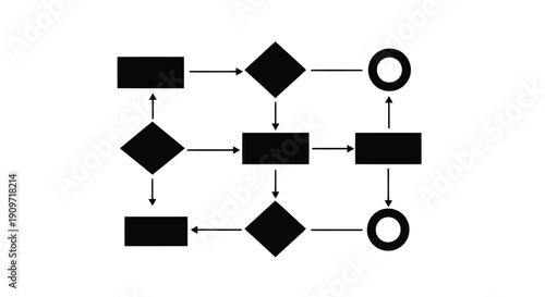 Black flowchart diagram with various shapes and arrows on white background
