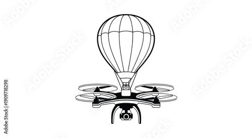 Black line drawing of a drone with hot air balloon and camera, minimalist vector flat design
