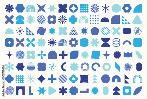 Collection of 104 geometric graphic elements. Brutalist style abstract shapes. Retro design. Vector illustration