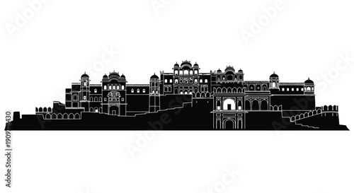 Black silhouette of a large Indian palace with intricate architecture against a white background